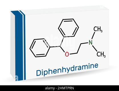 Diphenhydramine, molecule. It is H1 receptor antihistamine used in the treatment of seasonal allergies. Skeletal chemical formula. Paper packaging for Stock Vector
