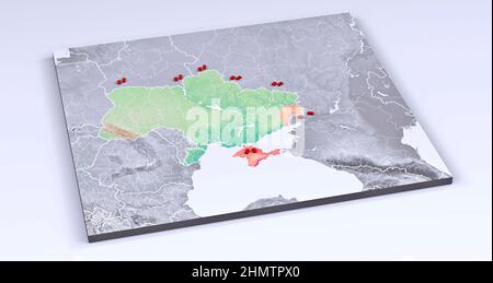 Physical map of Europe, Ukraine and borders. Russia and Belarus, Crimea and the Black Sea. Map. Military maneuvers at the borders Stock Photo