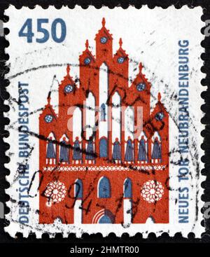 GERMANY - CIRCA 1992: a stamp printed in Germany shows New gate, Neubrandenburg, historic site, circa 1992 Stock Photo