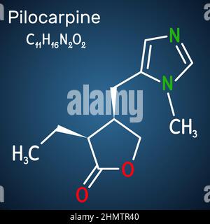 Pilocarpine molecule. It is natural alkaloid, used on the eye to treat elevated intraocular pressure, glaucoma. Structural chemical formula on the dar Stock Vector