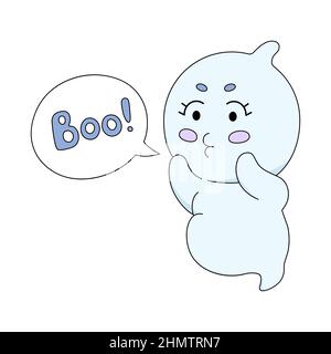Cute ghost with text cloud. Cartoon soul says "Boo". Colorful vector illustration isolated on white background Stock Vector