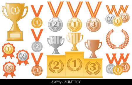 awards - medals, podium, trophies, prizes, set of colour vector illustrations, isolated on white background Stock Vector