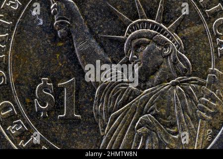 One American Dollar Coin Reverse Statue of Liberty Macro Shot Stock Photo