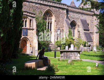 Statue of St. Edmund of Abingdon by Rodney Munday in the grounds of a former church called St Peter-in-the-East, Oxford, England. Stock Photo