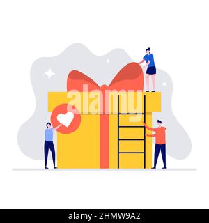 Surprise gift box vector illustration concept with characters. People packing present and decorating with ribbon. Modern flat style for landing page, Stock Vector