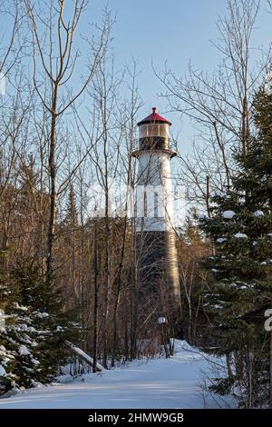 Christmas, Michigan - The Grand Island Harbor Rear Range Light, one of a pair of formerly lights used to guide ships from Lake Superior into Munising Stock Photo