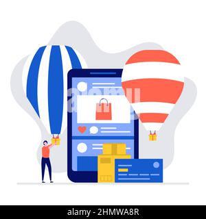Social media shopping vector illustration concept with characters and mobile or smartphone. Modern flat style for landing page, mobile app, poster, fl Stock Vector