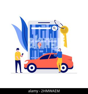 Car sharing service vector illustration concept with characters. People using mobile application for rent car and share transport online. Modern flat Stock Vector