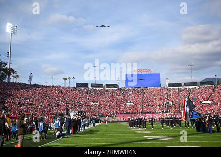 A Northrop Grumman B-2 Spirit “Stealth Bomber” flies over during the Rose Bowl game between the Utah Utes and the Ohio State Buckeyes, Saturday, Jan. Stock Photo