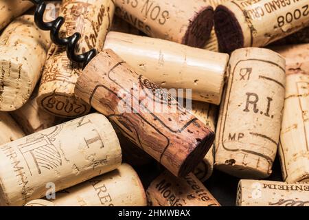 Wine corks with corkscrew Stock Photo