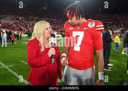 Ohio State Buckeyes quarterback C.J. Stroud (7) is interview by ESPN broadcaster Holly Rowe after the Rose Bowl game against the Utah Utes, Saturday, Stock Photo