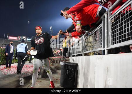 Ohio State Buckeyes quarterback C.J. Stroud (7) celebrates after the Rose Bowl game against the Utah Utes, Saturday, Jan. 1, 2022, in Pasadena, Calif. Stock Photo