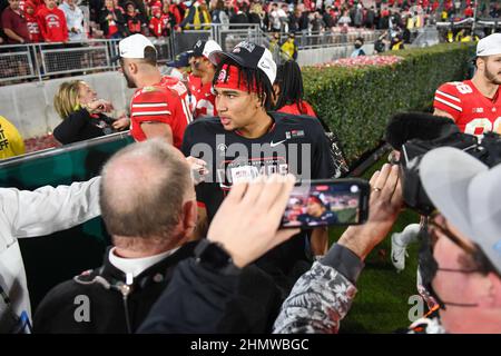 Ohio State Buckeyes quarterback C.J. Stroud (7) is interviewed after the Rose Bowl game against the Utah Utes, Saturday, Jan. 1, 2022, in Pasadena, Ca Stock Photo