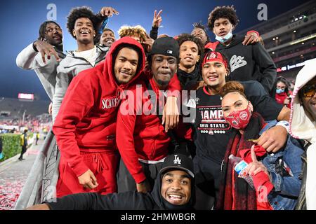 Ohio State Buckeyes quarterback C.J. Stroud (7) celebrates after the Rose Bowl game against the Utah Utes, Saturday, Jan. 1, 2022, in Pasadena, Calif. Stock Photo