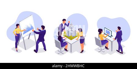 Vector of a team of real estate developers discussing new residential city project Stock Vector