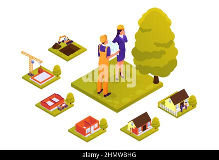 Infographic vector of a house building process. Foundation pouring, construction of walls, roof installation and presentation to a buyer by a real est Stock Vector