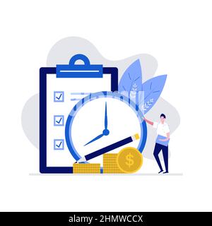 Time management concept with character, a big clock and planning of the workflow. Modern vector illustration in flat style for landing page, mobile ap Stock Vector