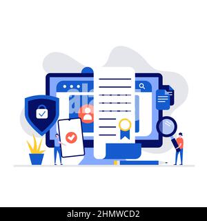 Cyber security and privacy policy concept with characters. Computer with firewall protection shield on screen. Modern vector illustration in flat styl Stock Vector
