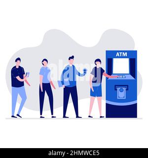 People waiting in line at the ATM machine, vector flat illustration ...
