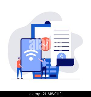 NFC technology concept with characters, bill, smartphone, credit card and point of sale terminal. Modern vector illustration in flat style for landing Stock Vector
