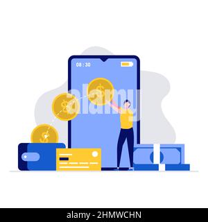 Money transfer and payment vector illustration concept with people character sending and receiving money by smartphone. Modern vector illustration in Stock Vector
