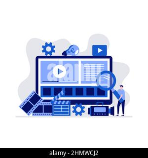 Video production concept with character and big computer screen. Modern vector illustration in flat style for landing page, mobile app, web banner, in Stock Vector