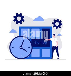Sign up concept with character press the button. Modern vector illustration in flat style for landing page, mobile app, web banner, hero images, infog Stock Vector