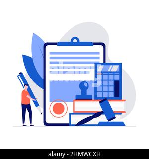 Law and justice vector illustration concept with character in lawyer office signing legal contract. Modern vector illustration in flat style for landi Stock Vector