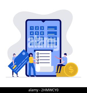 Secure money transfer on the internet concept with character. People using smartphone and credit card. Modern vector illustration in flat style for la Stock Vector