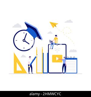Distance education technology vector illustration concept. Students study online in university or college campus. Modern vector illustration in flat s Stock Vector