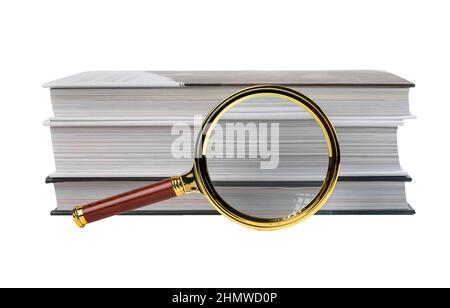 Books stack and magnifying glass isolated on white background. Information search and analysis. High quality photo Stock Photo