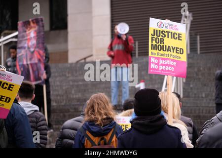 Newport, Gwent, Wales - Saturday 12th February 2022 - Protest in Newport calling for justice for Mouayed Bashir ( banner image on right ) who died after being restrained by Gwent Police at his parents home in Newport one year ago in Feb 2021 - The Independent Office for Police Conduct ( IOPC ) is still investigating the death. Photo Steven May / Alamy Live News Stock Photo