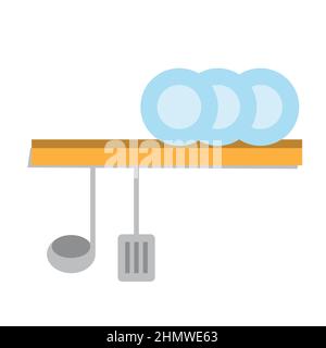 Kitchen shelf with tableware. Kitchen shelves with cooking tools. Home interior icon. Vector illustration in flat style on white background Stock Vector