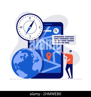 Mobile navigation concept with character, big smartphone, GPS pin and map. Modern vector illustration in flat style for landing page, mobile app, web Stock Vector