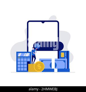 Digital wallet and e-wallet concept with characters making payment using smartphone. Online payment, e transfer. Modern vector illustration in flat st Stock Vector