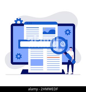 Web information search concept with character using magnifier to find information on internet. Modern vector illustration in flat style for landing pa Stock Vector