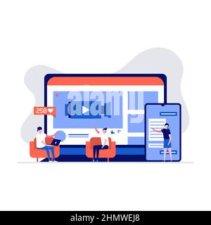 Live steaming, mobile phone and live video stream concept. People character streaming via smartphone. Modern vector illustration in flat style for lan Stock Vector