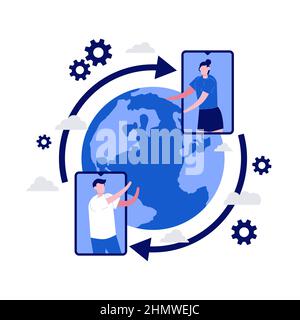 Cloud storage, data transfers on Internet from gadget to gadget with character. Modern vector illustration in flat style for landing page, mobile app, Stock Vector