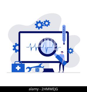 Computer repair, computer service, diagnostics concepts with character and monitor. Modern vector illustration in flat style for landing page, mobile Stock Vector