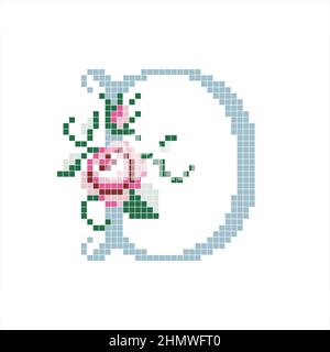 A pixel art letter d with a rose design. Vector illustration isolated on white background. Stock Vector