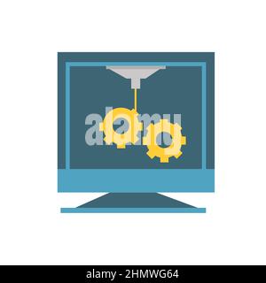 3D Printer making gears in cartoon flat style isolated on white background. Simple vector illustration. Stock Vector
