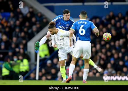 Everton, UK. 12th Feb, 2022. Michael Keane of Everton (c) heads the ball. Premier League match, Everton v Leeds United at Goodison Park in Liverpool on Saturday 12th February 2022. this image may only be used for Editorial purposes. Editorial use only, license required for commercial use. No use in betting, games or a single club/league/player publications. pic by Chris Stading/Andrew Orchard sports photography/Alamy Live news Credit: Andrew Orchard sports photography/Alamy Live News Stock Photo