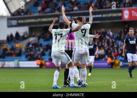 LONDON, UK. FEB 12TH Cody Drameh of Cardiff City and Jordan Hugill of Cardiff City protesting referee's Stephen Martin decision during the Sky Bet Championship match between Millwall and Cardiff City at The Den, London on Saturday 12th February 2022. (Credit: Ivan Yordanov | MI News) Credit: MI News & Sport /Alamy Live News Stock Photo