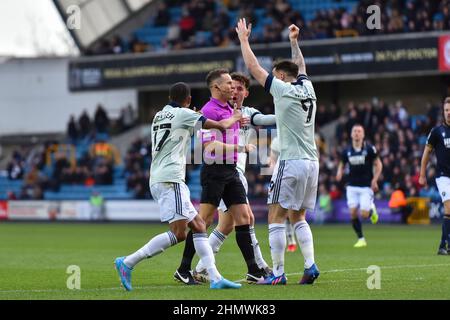 LONDON, UK. FEB 12TH Cody Drameh of Cardiff City and Jordan Hugill of Cardiff City protesting referee's Stephen Martin decision during the Sky Bet Championship match between Millwall and Cardiff City at The Den, London on Saturday 12th February 2022. (Credit: Ivan Yordanov | MI News) Credit: MI News & Sport /Alamy Live News Stock Photo