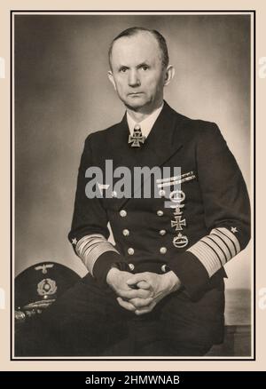 Admiral Doenitz official Nazi propaganda studio portrait by Hoffmann Studios  Karl Dönitz was a Nazi German admiral who briefly succeeded Adolf Hitler as head of state in May 1945, holding the position until the dissolution of the Flensburg Government following Germany's unconditional surrender to the Allies days later. He was not implicated in Nazi war crimes against humanity , but he served a period of around 10 years imprisonment and died in 1980, Aumühle, Germany Stock Photo