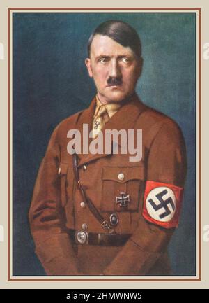 Adolf Hitler in military uniform wearing a Swastika armband. Official studio photograph portrait by Hoffmann. Nazi Propaganda 1930s Nazi Germany ADOLF HITLER Portrait of Führer Adolf Hitler in military uniform  1938 Nazi Germany pre WW2  Adolf Hitler was a German politician and leader of the Nazi Party. He rose to power as the chancellor of Germany in 1933 and then as Führer in 1934. During his dictatorship from 1933 to 1945, he initiated World War II in Europe by invading Poland on 1 September 1939. Stock Photo