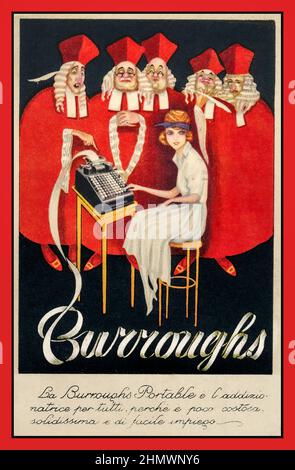 1920's advertisement for Burroughs accounting adding machine, which is 'small solid and easy to use' Advertisement in Italian featuring an office lady usingt the machine, with judges in red robes evaluating the results. Stock Photo