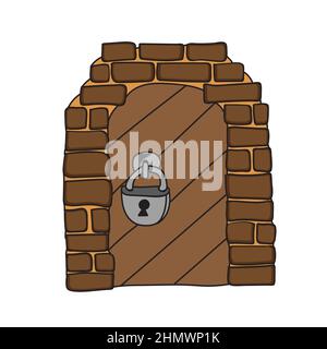 Door of castle. Entrance to fairy tale fortress or stone medieval old wall. Wooden closed doorway, door with lock. Cartoon hand drawn illustration Stock Vector