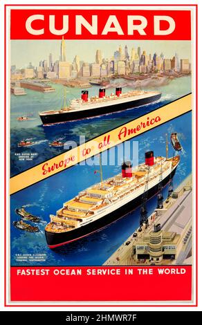Vintage Cunard Fastest Ocean Service Poster featuring RMS Queen Mary and RMS Queen Elizabeth 'EUROPE TO ALL AMERICA'  Original Vintage Cunard Poster Queen Mary New York & Queen Elizabeth Southampton 1930s ‘Fastest Ocean Service In The World’ Stock Photo
