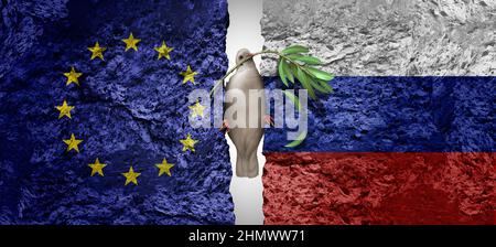 Russia and European Union peace crisis as a geopolitical conflict clash as a Europe security concept due to political dispute and finding. Stock Photo